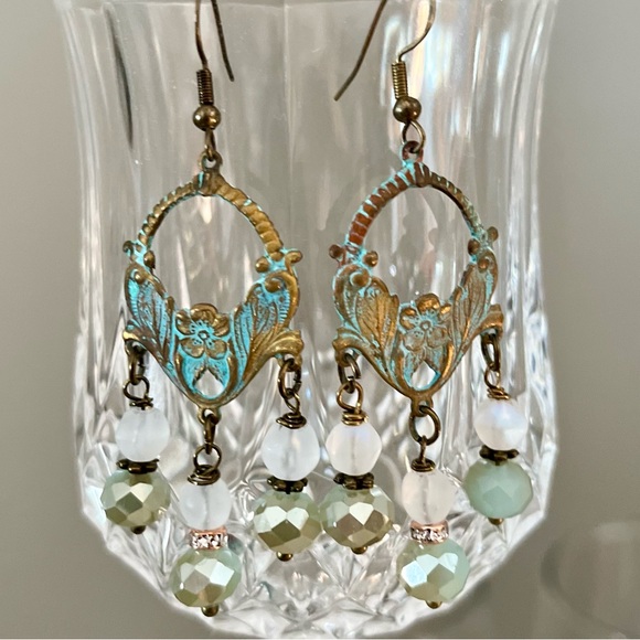 Art Nouveau Style Verdigris Earrings Czech Glass Drops - Picture 6 of 15
